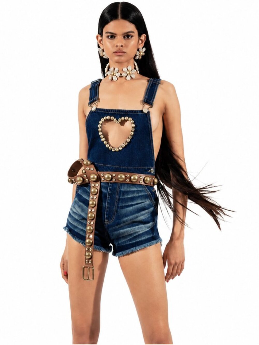 AREA Crystal Heart Denim Overalls